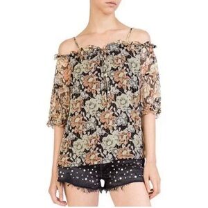 The Kooples Wanted Cold Shoulder Silk Blouse | Metallic Floral Ruffle Tie Neck